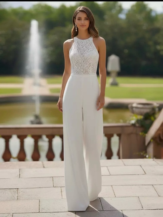 Pants - Elegant White Lace Halter Jumpsuit